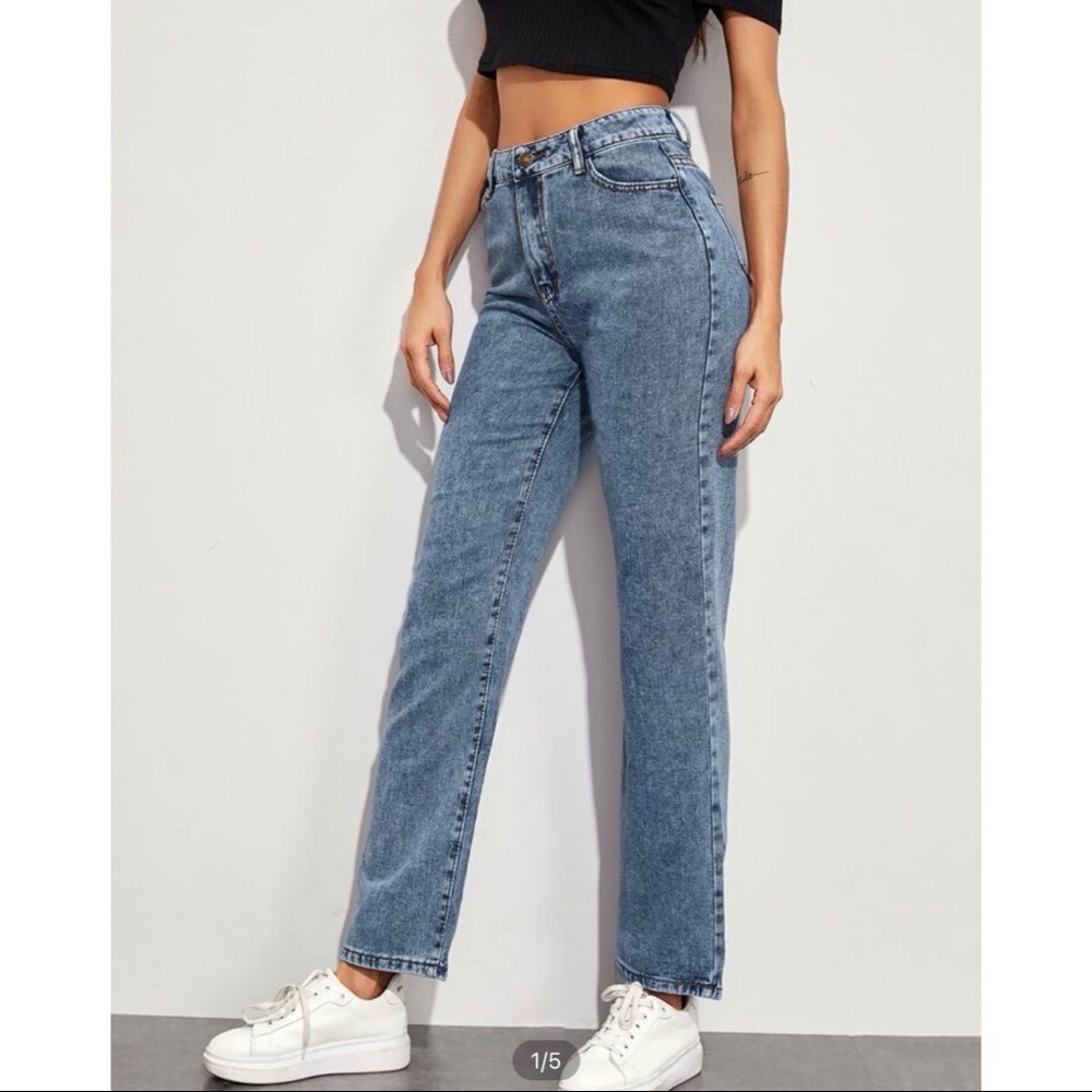 Mom jeans. Denim straight leg jeans